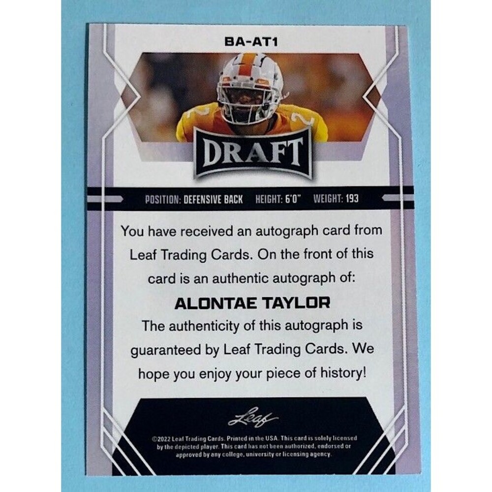 2022 Leaf Draft NO Saints, Alontae Taylor Tennessee ,Autographed Card #BA-AT1 - Picture 2 of 2